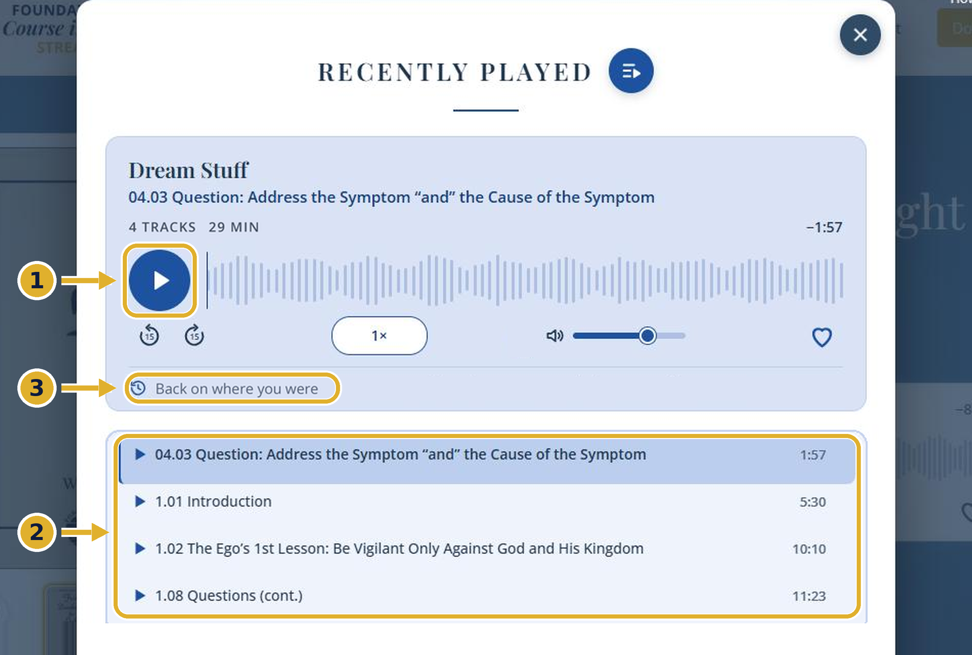 The Recently Played window with the play button, the list of tracks, and the line saying where you will start.