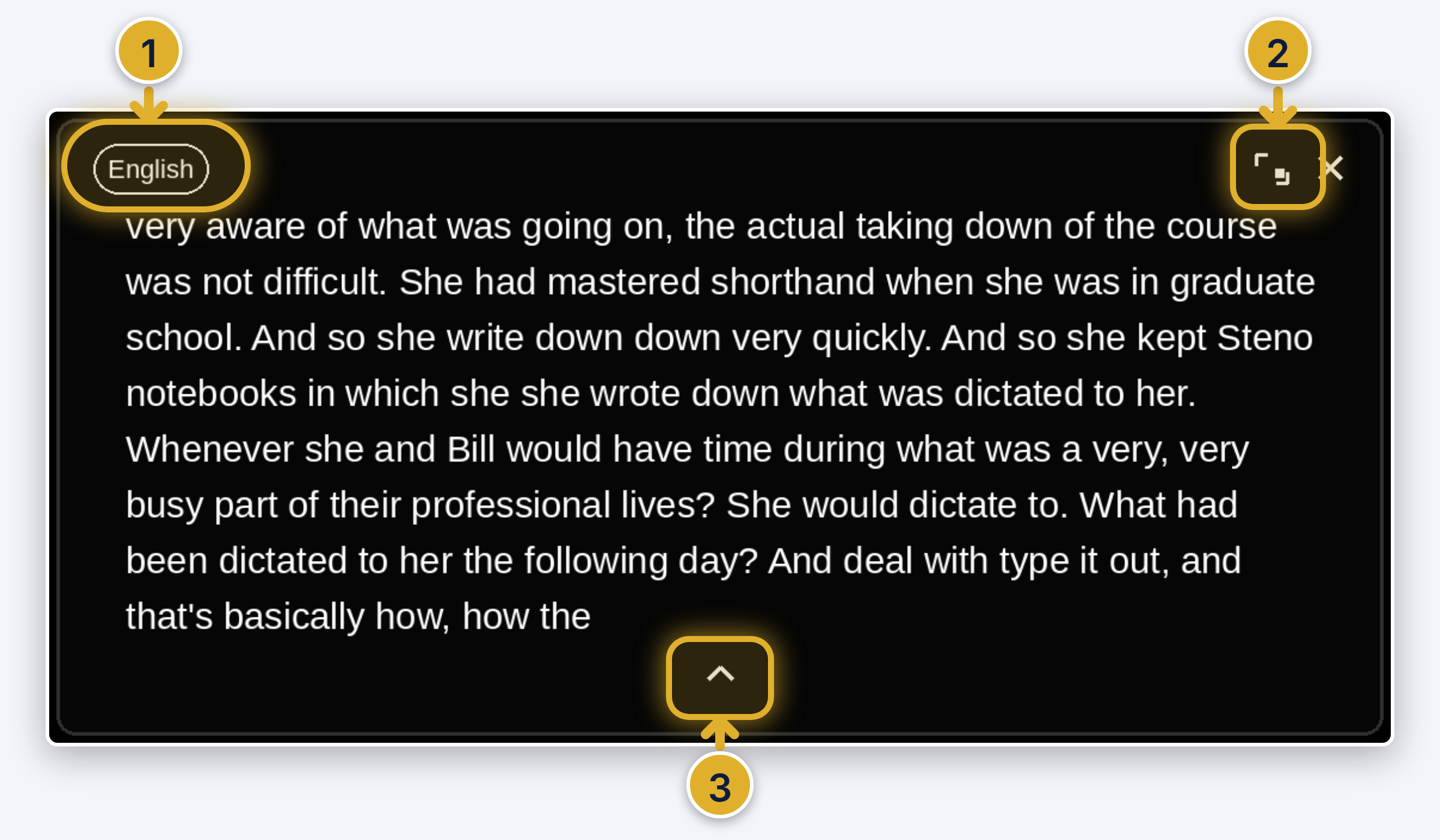 The Live Caption box. The English button at top left is marked 1, the icon at top right is marked 2, and the arrow at the bottom is marked 3.