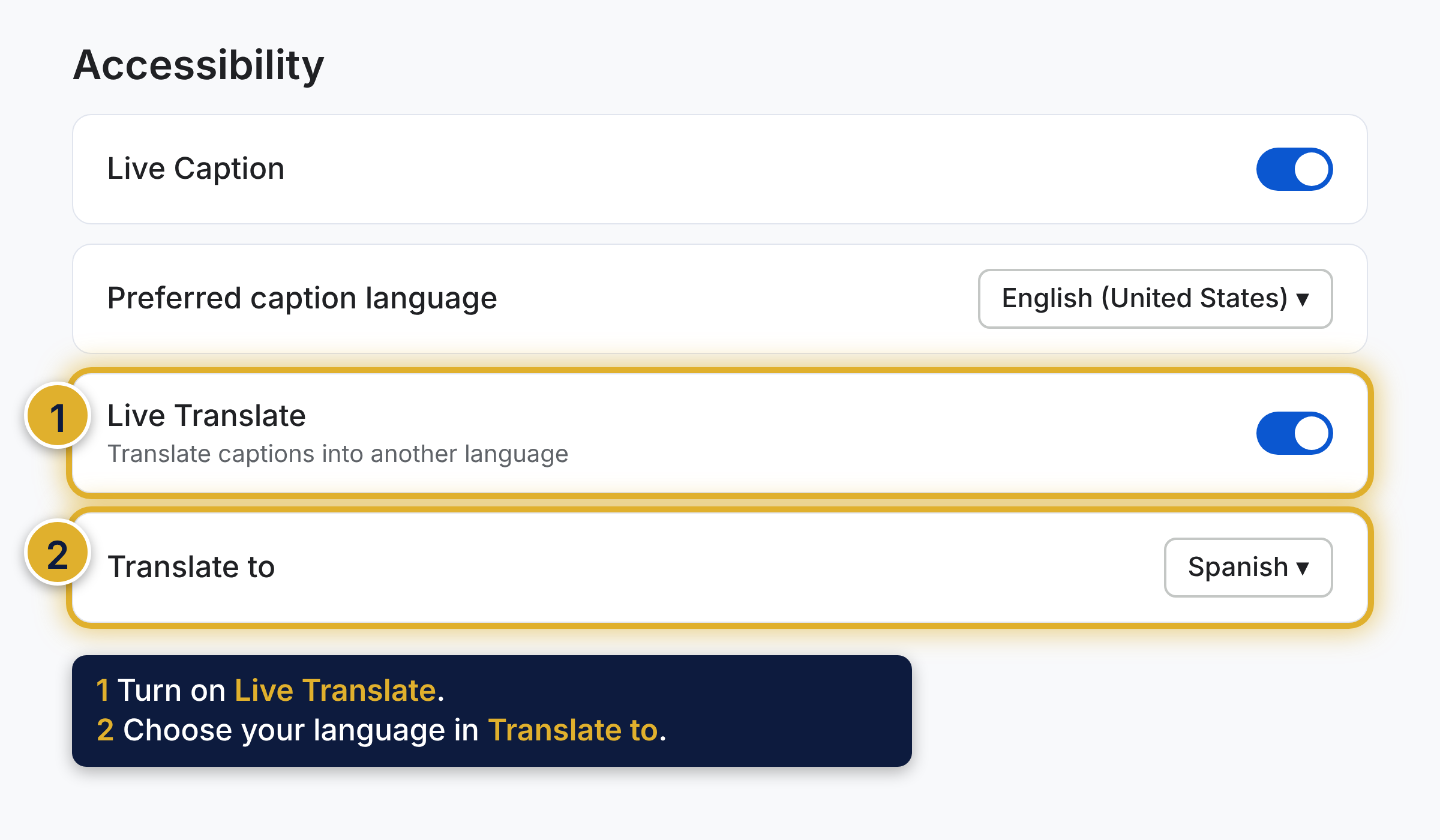 Chrome Accessibility settings. The Live Translate switch is marked 1, and the Translate to language list is marked 2.