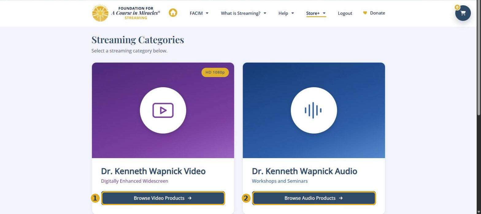 The Streaming Categories page with the Browse Video Products button marked 1 and Browse Audio Products marked 2.