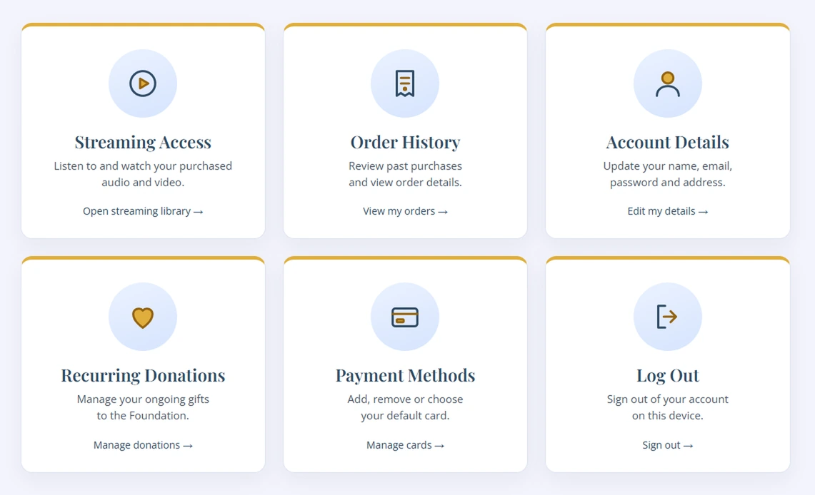 The Streaming Dashboard tiles numbered 1 to 6: 1 Streaming Access, 2 Order History, 3 Account Details, 4 Recurring Donations, 5 Payment Methods, 6 Log Out.