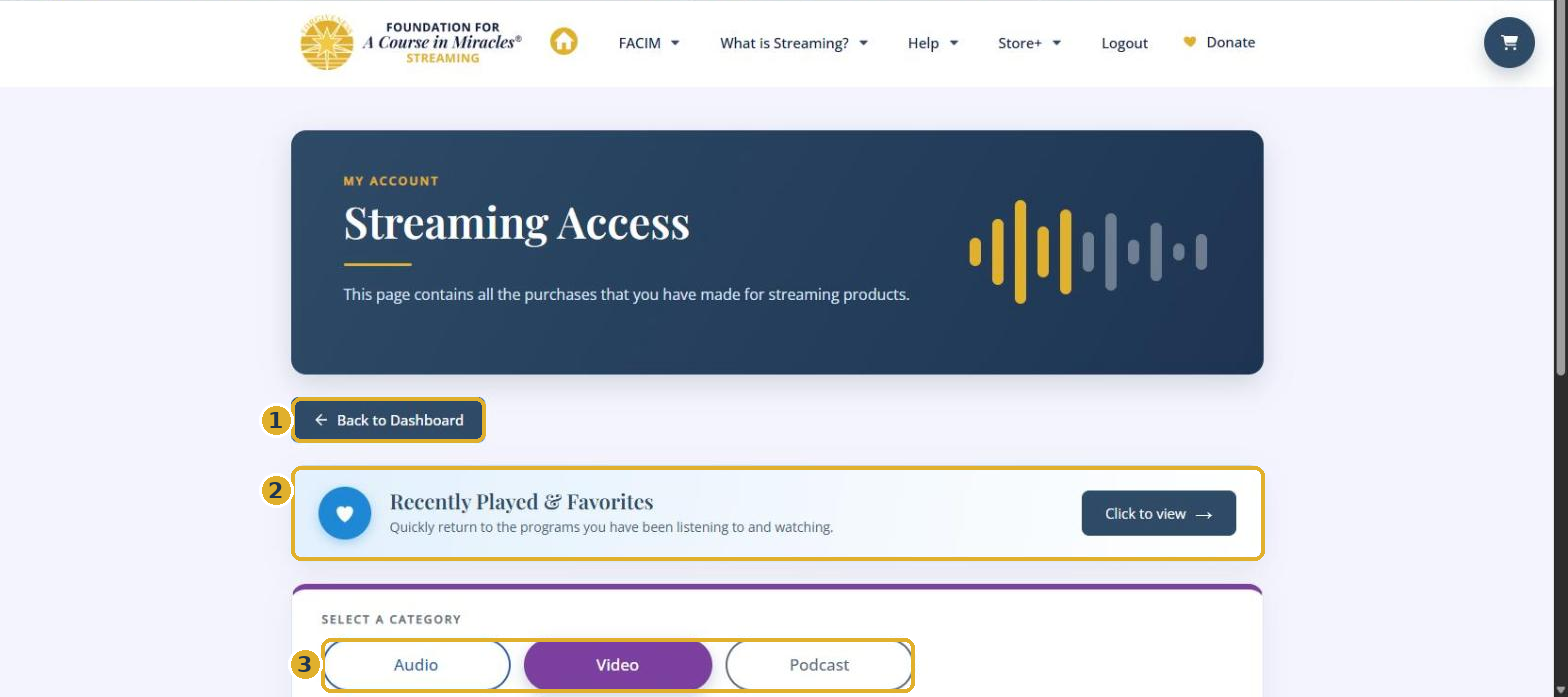The Streaming Access page. Back to Dashboard is marked 1, the Recently Played and Favorites card is marked 2, and the category buttons are marked 3.