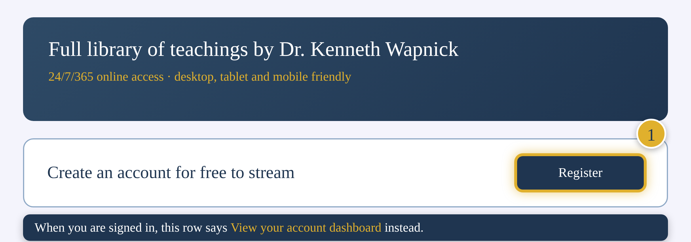 The home page row that says Create an account for free to stream your purchases, with the Register button marked 1.