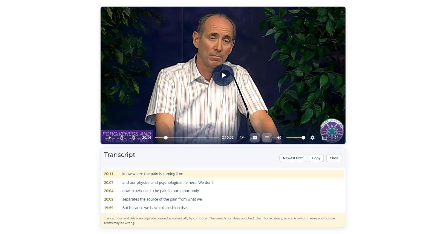 The Transcript panel under the video, with the newest line at the top, the buttons Newest first, Copy and Close, and a note that the transcript is created automatically.