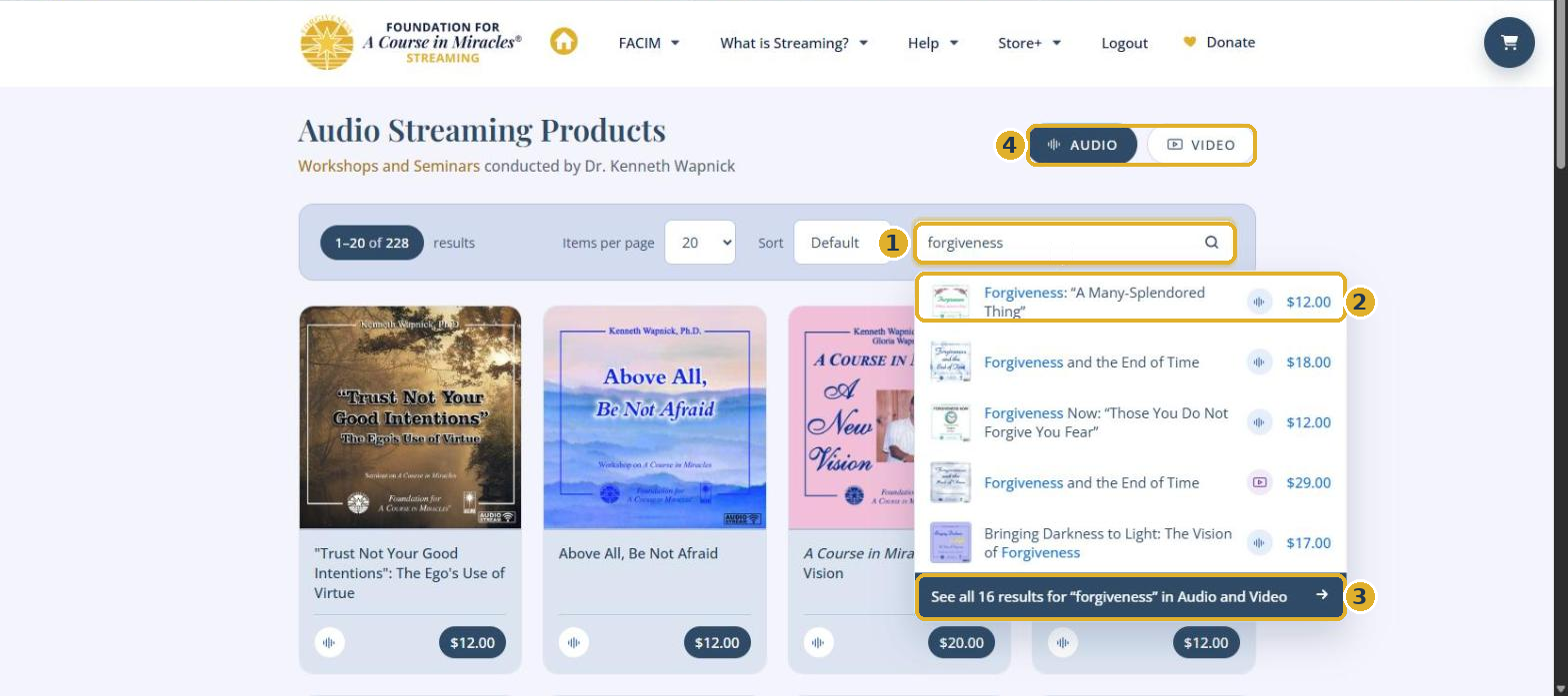The Audio Streaming Products page. The search box is marked 1, the matching programs are marked 2, the See all results bar is marked 3, and the Audio and Video switch is marked 4.
